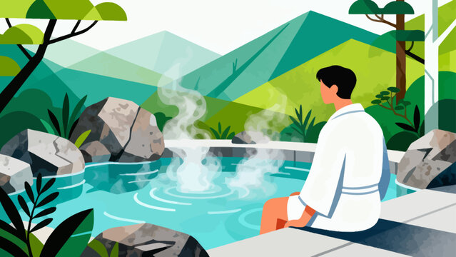 This serene illustration depicts a woman relaxing in a steaming hot spring (onsen), surrounded by rocks and lush greenery, with a calm, content expression on her face.