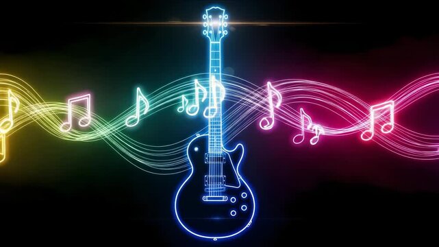 Glowing guitar with colorful music notes on a dark background image