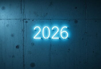 Minimalist glowing 2026 neon tube sign on smooth concrete with cool white light