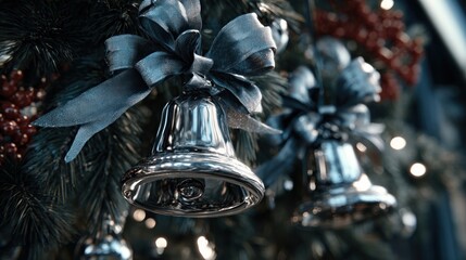 holiday decorations with silver bells and ribbons,