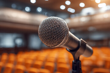 Close-up of a microphone in a conference hall with empty seats blurred in the background preparing for a public speaking event or performance to begin