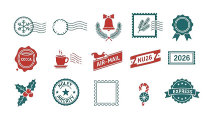 Holiday Postage Stamp Collection: A festive array of vintage postage stamps, featuring Christmas motifs and seasonal designs, perfect for adding a touch of holiday cheer to your correspondence.