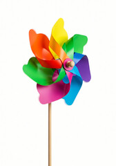 Colorful pinwheel toy spinning in the wind on white  background 