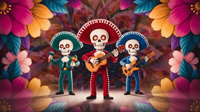 Three Skeleton Mariachi Band Perform Festive Music Surrounded by Colorful Floral Decorations and Vibrant Background Patterns in Warm Spotlight Illumination