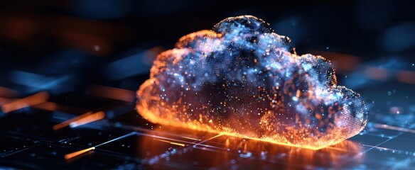 The Cloud of Glowing Data Over a Futuristic Digital Grid and Network