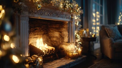 holiday fireplace glowing with firelight