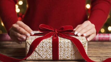 Woman's hands wrapping Christmas gift with red ribbon on wooden table. Close-up of a woman's hands tying a red ribbon around a Christmas gift on a wooden surface. - Powered by Adobe