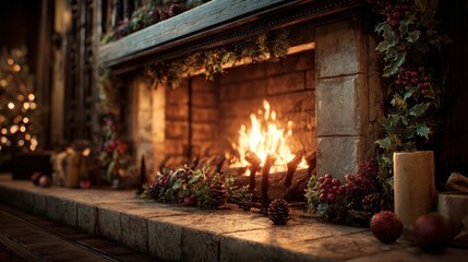holiday fireplace glowing with firelight