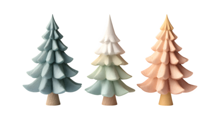Trio of minimalist Christmas trees in soft pastel tones isolated on white background