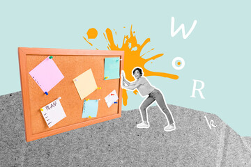 Template sketch trend artwork photo collage of young woman smile push hand hold board plan note...