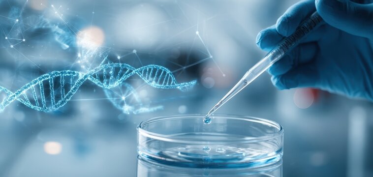 The Pipette Delivering a Droplet into a Beaker with Floating DNA Double Helix - Powered by Adobe