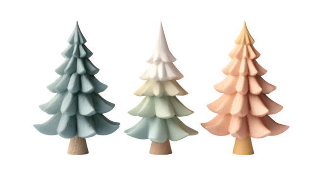 Trio of minimalist Christmas trees in soft pastel tones isolated on white background