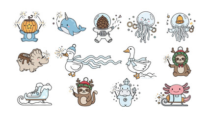 Cute Creature Collection: a charming collection of adorable creatures with winter and holiday elements. Each character radiates joy, making this perfect for festive greetings and designs.
