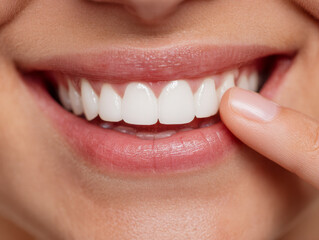 Fototapeta premium Person smiling with bright white teeth while gently touching their cheek showing healthy gums and confident dental hygiene with natural skin texture