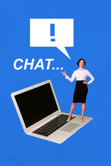 Naklejka premium Trend template sketch design collage of young lady stand laptop speech cloud finger point display conversation chat dialog communication