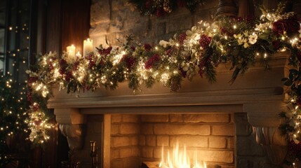 holiday fireplace mantel with garlands