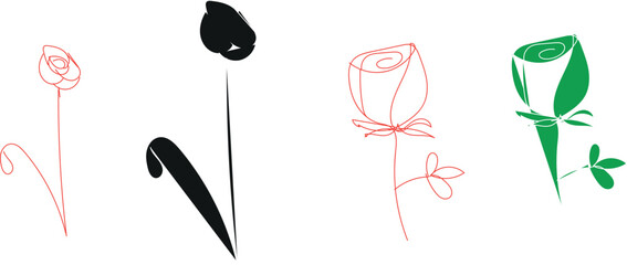 Collection of four stylized rose flower icons in different artistic styles including line art and silhouette