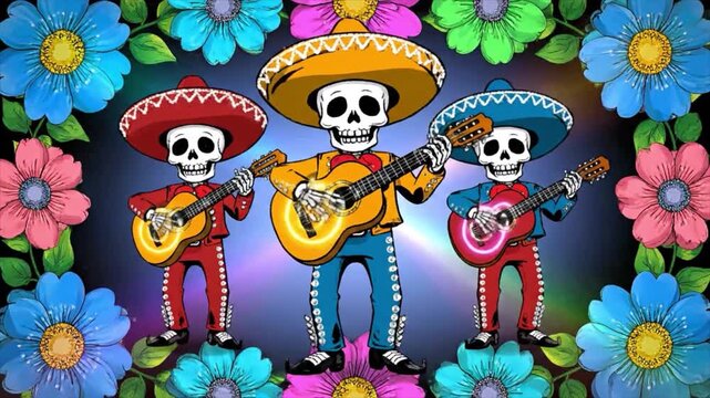 Three Skeletons Musicians Dressed As Mariachi Playing Guitars Surrounded By Colorful Flowers On Dark Background