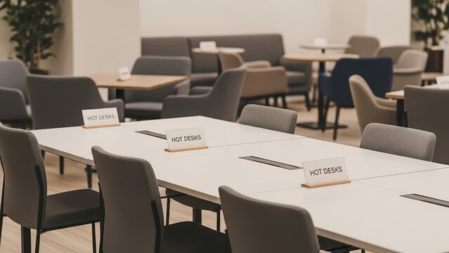 Modern office space with hot desks and minimalist design