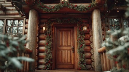 holiday garlands around cozy log cabin door,