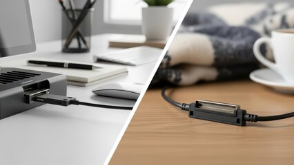 Modern workspace with docking station and cozy home setting featuring usb connectivity