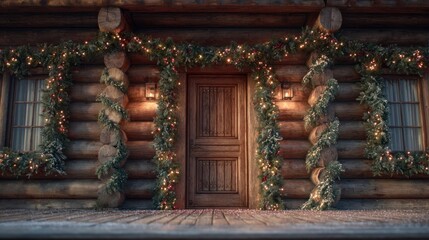 holiday garlands around cozy log cabin door,