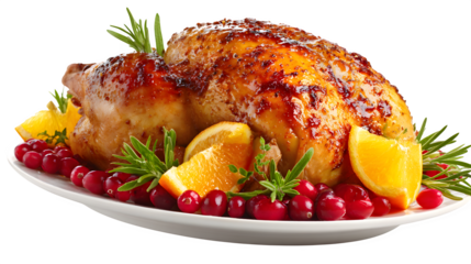 Turkey garnished with oranges, herbs, and cranberries for festive dinner isolated on white background