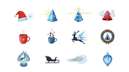 Holiday Icons Collage: An array of festive icons embodies the magic of the season, each element contributing to the joy of year-end celebration. A blend of joy, wonder, and seasonal spirit.