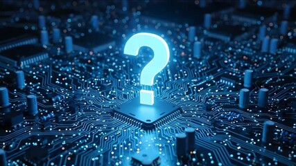 Glowing question mark on a blue circuit board with integrated chips - Powered by Adobe
