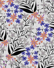 Vintage seamless floral pattern. Liberty style background of small golden orange flowers. Small flowers scattered over a white background. Stock vector for printing on surfaces. Realistic flowers.