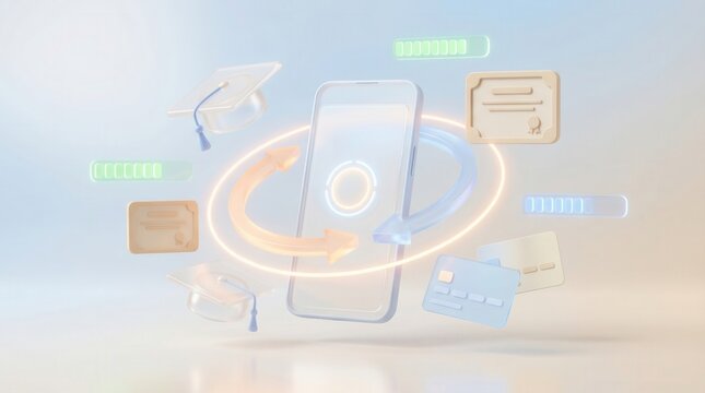 Online education concept with smartphone, graduation cap, and certificate