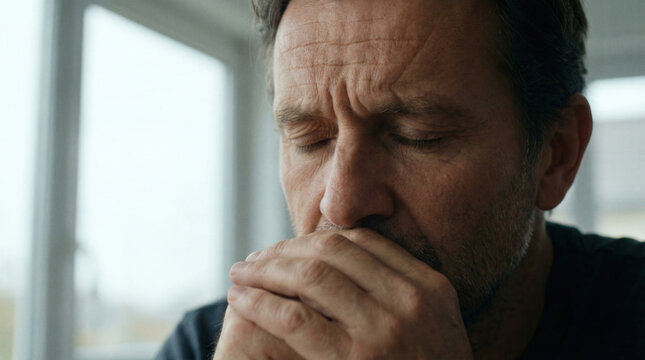 Man with eyes closed in deep thought, looking sad and worried about something