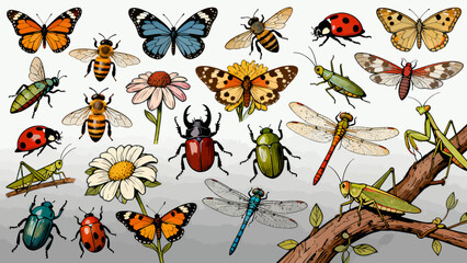 This vibrant illustration displays a diverse collection of colorful insects—including bees, ants, a beetle, dragonfly, mantises, grasshoppers, a fly, and a wasp