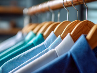 Neatly hung blue and white dress shirts on wooden hangers in a row creating a tidy and organized clothing display inside a modern store or closet setting