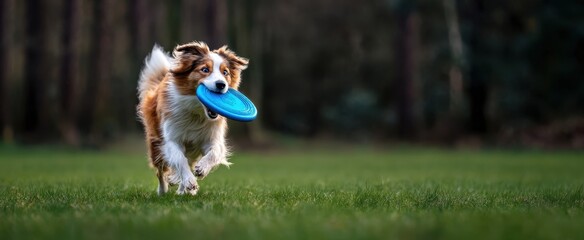 The dog sprinting across a grassy field carrying a blue flying disc in its mouth