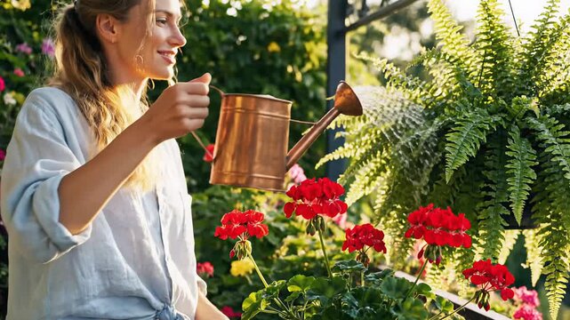 Young woman watering flowers with copper can in garden. Woman in a garden, happily watering blooming flowers, surrounded by greenery and sunlight.