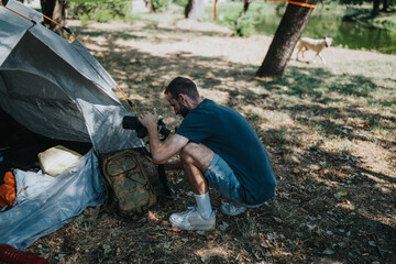 A focused photographer crouches beside a camping tent in a sunny park, adjusting a camera while backpack gear lies nearby.