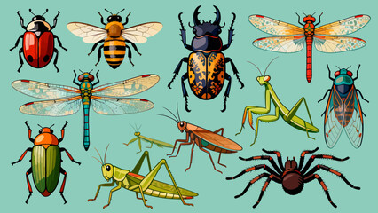 This vibrant illustration displays a diverse collection of colorful insects—including bees, ants, a beetle, dragonfly, mantises, grasshoppers, a fly, and a wasp
