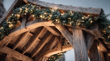 holiday garlands wrapped around wooden archway,
