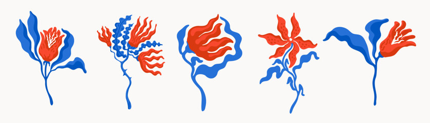 Naklejka premium Wildflower abstract Scandinavian floral set in red and blue. Decorative spring flowers and leaves in modern folk art style, ideal for stationery, textile prints, and vector illustration
