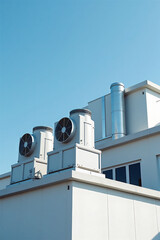 Modern white HVAC air conditioning units and ventilation pipes installed on building rooftop against clear blue sky. Contemporary climate control system for commercial property.