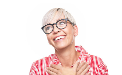Thanks concept. Pleased grateful beautiful adult woman looking up, isolated on white background. Hope concept.