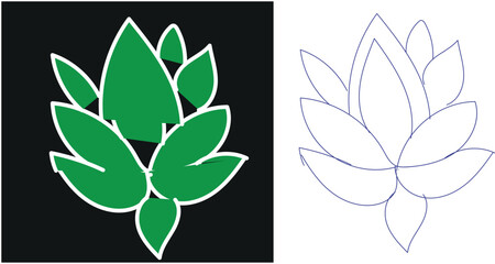  Two stylized lotus flower designs, one solid green icon on black and one simple blue outline drawing, representing nature and spirituality