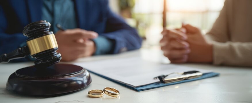 The gavel and wedding rings on a desk during divorce consultation meeting