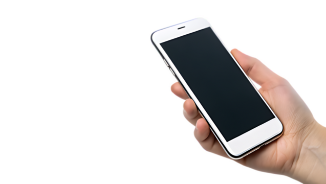 Woman holding a mobile phone in her hand showing a blank smartphone screen