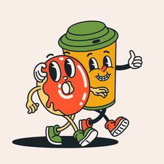 Retro groovy cartoon characters of coffee cup and donut walking together. Playful vintage style breakfast duo with bold colors and expressive faces. Vector illustration.
