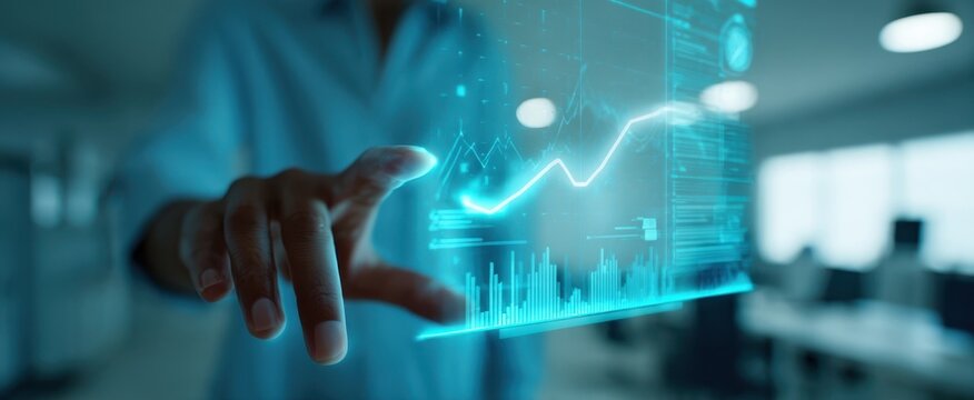 The Holographic Financial Data Chart Projected Above a Hand in Modern Office