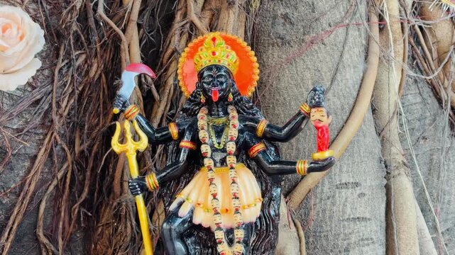 A fierce Kali goddess idol, depicted with a dark complexion, weapons, and traditional ornaments, standing against a natural background. The idol symbolizes power and protection.