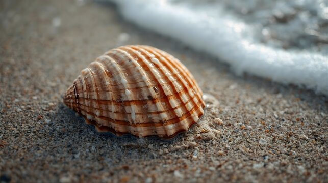 Conch Shell on Wet Sand with Water Droplets