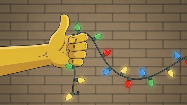 Hand holding a string of colorful Christmas lights against a brick wall background.